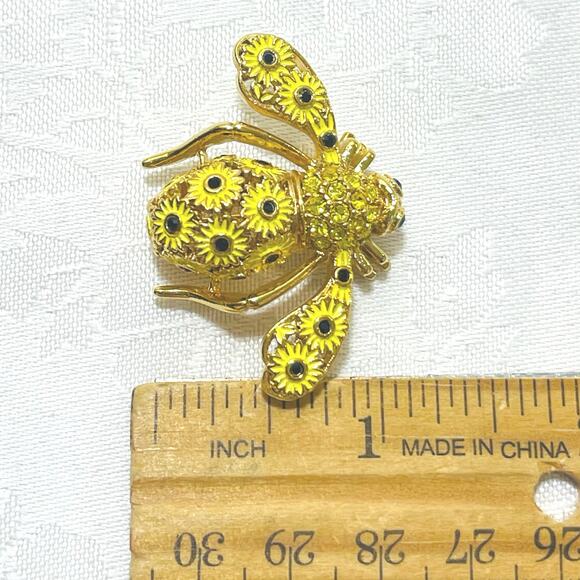 Vtg JOAN RIVERS Sunflower Bee Pin Brooch Crystal Yellow Green Classic Collection - Picture 10 of 11